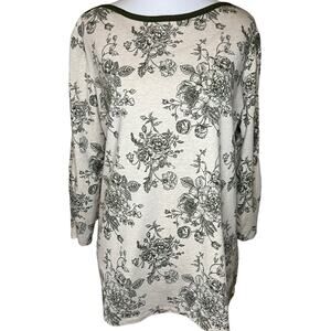 Susan Graver‎ Womens Sz Medium Beige & Green Cotton Blend Knit Shirt 3/4 Sleeve